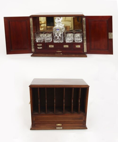Antique Inlaid Flame Mahogany Three Crystal Decanter Tantalus  19th C | Ref. no. A3914 | Regent Antiques