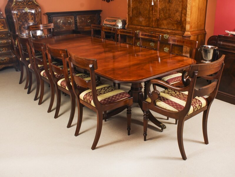 Vintage Arthur Brett Two Pillar Mahogany Dining Table 12 Chairs 20th Century
