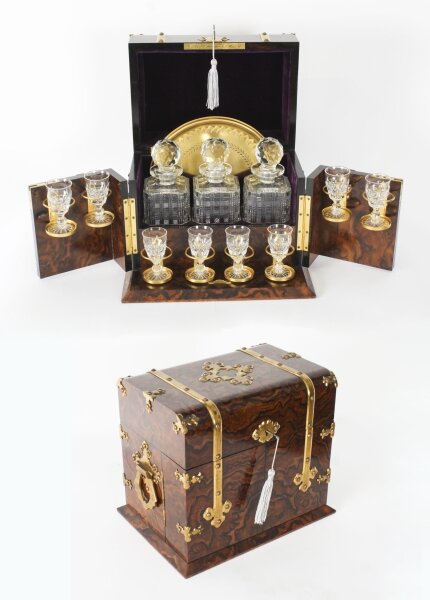 Antique Victorian Burr Walnut 3 Crystal Decanter Tantalus Dry Bar 19th C | Ref. no. A4340 | Regent Antiques
