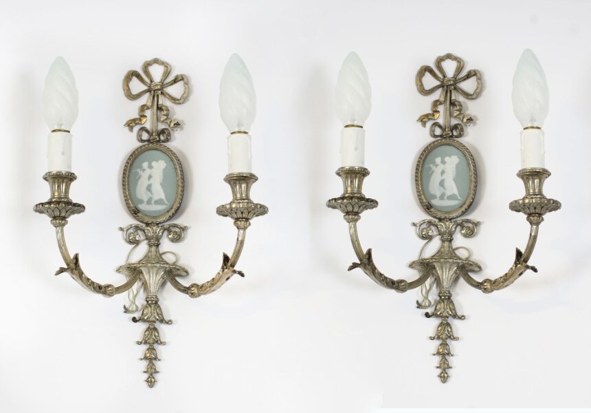 Antique Pair Silver Plated  Jasperware two branch wall lights sconces | Ref. no. A4358b | Regent Antiques