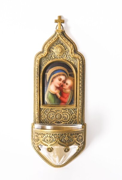 Antique Gilt Bronze & Enamel Holy Water Font Stoop & Cut crystal font 19thC | Ref. no. A4459 | Regent Antiques