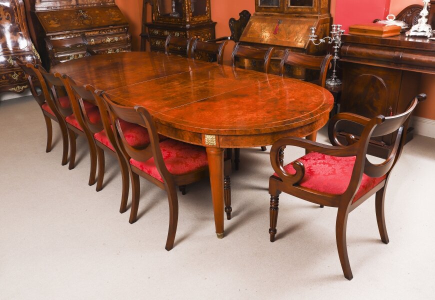 Vintage French Empire Revival  Burr Walnut Dining Table & 10 Chairs 20th Century | Ref. no. A4635b | Regent Antiques