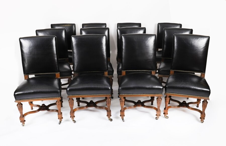 Antique Set 12 French Walnut & Black Leather Upholstered Dining Chairs 19th C | Ref. no. A4732 | Regent Antiques