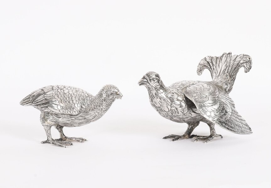 Antique Pair Belgian Silver Grouse Game Birds 19th C | Ref. no. A4768 | Regent Antiques