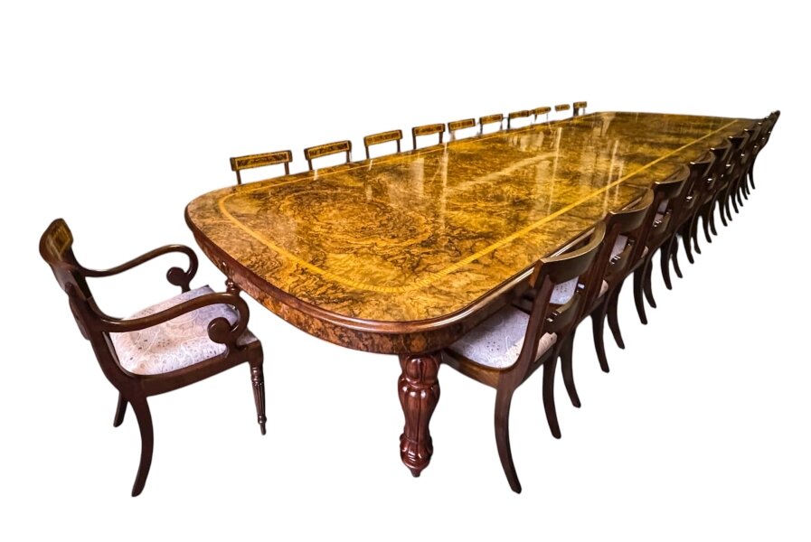Huge Bespoke 22ft Burr Walnut & Crossbanded Dining Table & 22 chairs | Ref. no. A4807a | Regent Antiques