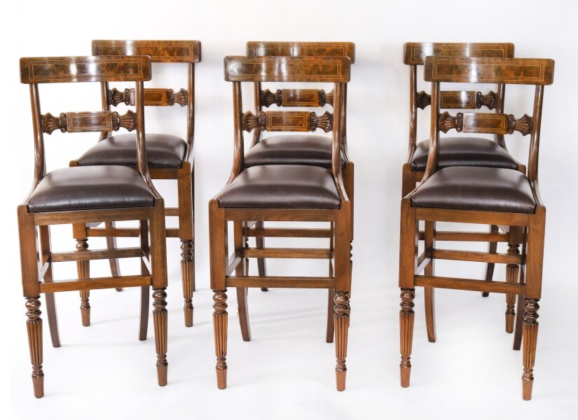 Bespoke Set of Six Burr Walnut & Leather Upholstered Bar Stools | Ref. no. A4880 | Regent Antiques