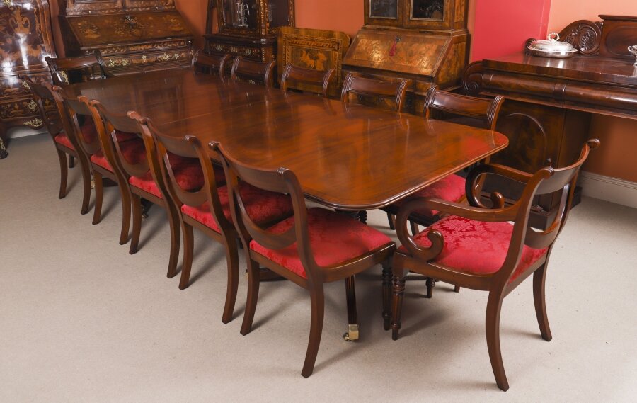 Vintage Twin Pillar Flame Mahogany Dining Table and 12 Chairs 20th C | Ref. no. A5016a | Regent Antiques