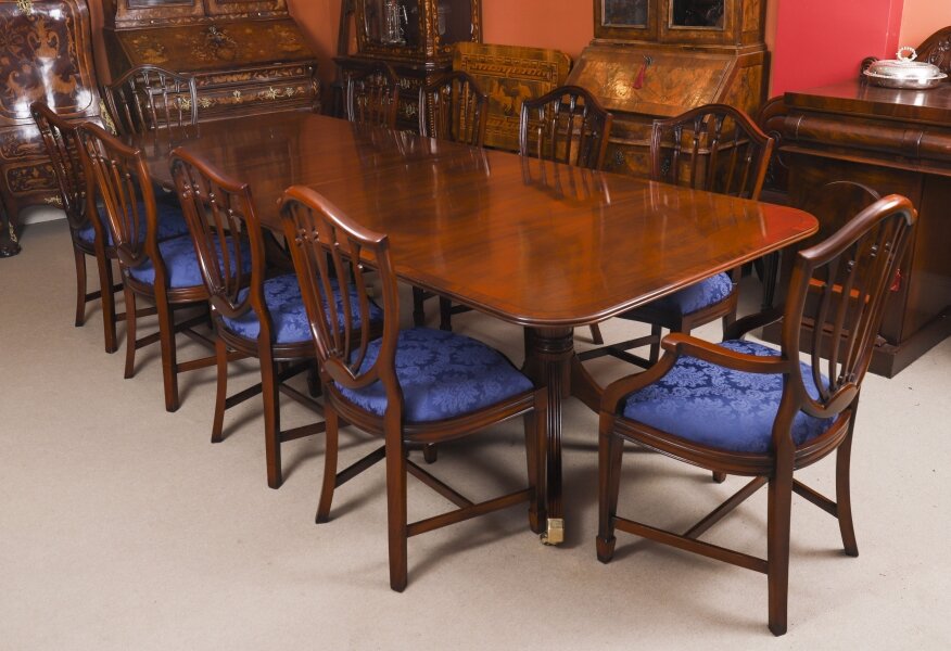 Antique Twin Pillar Mahogany Dining Table and 10 Hepplewhite Chairs 20th C | Ref. no. A5016b | Regent Antiques