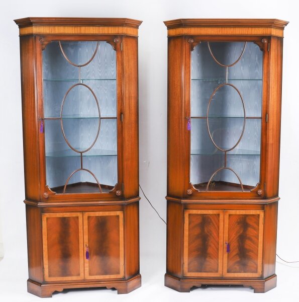 Pair Vintage English Flame Mahogany Corner Display Cabinets Harrods 20thC | Ref. no. A5044d | Regent Antiques