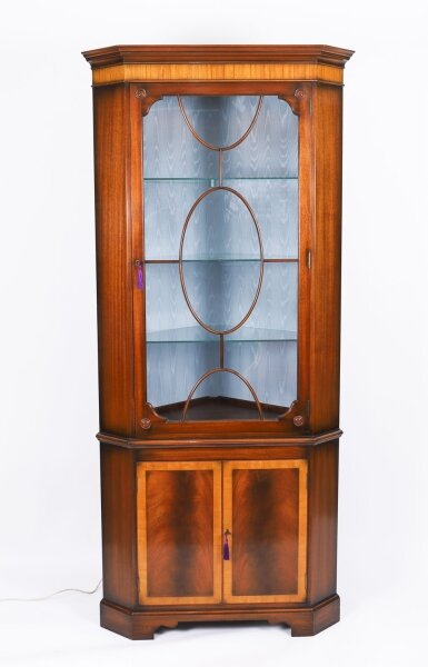 Vintage English Flame Mahogany Corner Display Cabinet Retailed Harrods 20th C | Ref. no. A5044e | Regent Antiques