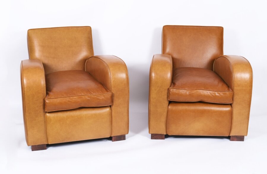 Bespoke Pair English Handmade Art Deco Leather Arm Chairs Bruciato | Ref. no. A5186 | Regent Antiques