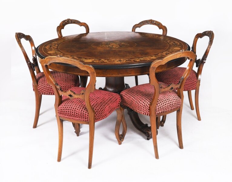Antique Victorian Burr Walnut Marquetry Loo Table & 6 chairs  C1860 | Ref. no. A5199a | Regent Antiques