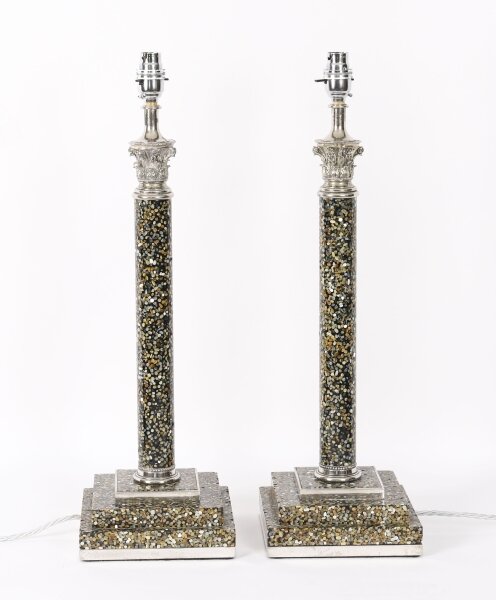 Vintage Pair 2ft Silver Plate & Agate Corinthian Column Table Lamps  20th C | Ref. no. A5272 | Regent Antiques