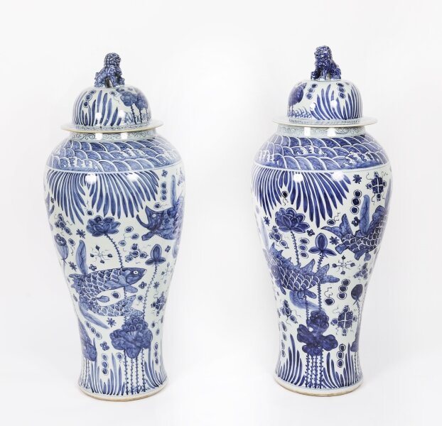 Antique Pair Japanese Kangxi Blue & White Arita Porcelain Temple Lidded Vases | Ref. no. A5314 | Regent Antiques