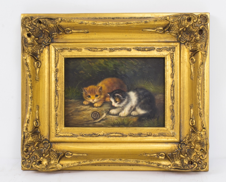 Oil Painting of kittens Playing with a Snail Giltwood Frame | Ref. no. P509 | Regent Antiques