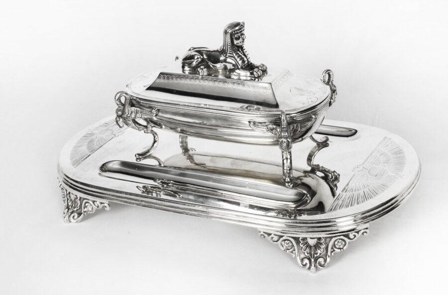 Antique Victorian  Egyptian Revival Silver plate Ink Well  Stand 19th Century | Ref. no. X0055 | Regent Antiques