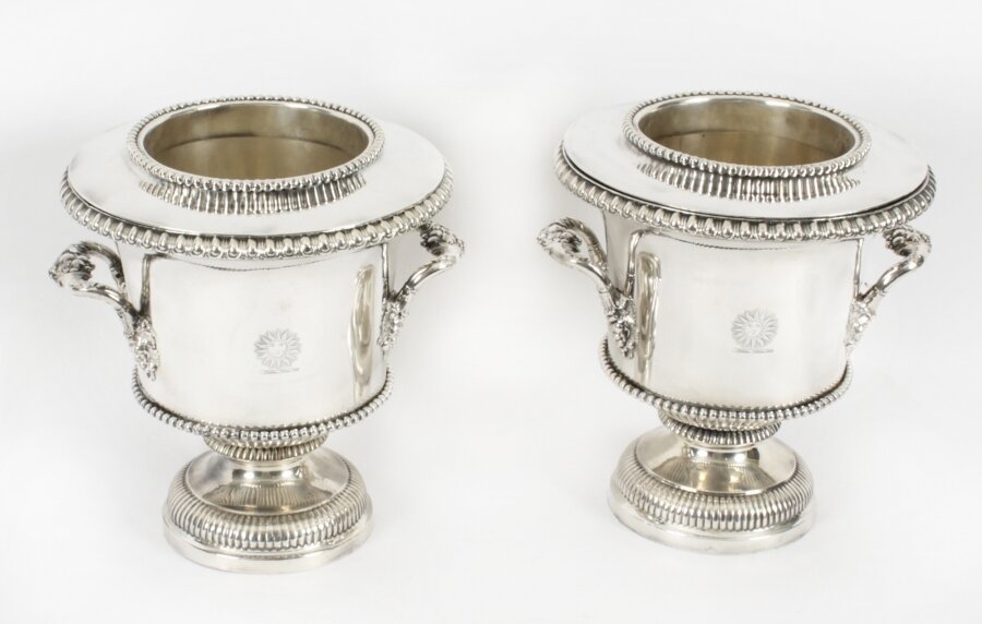 Antique Pair Regency Old Sheffield Plate Wine Coolers Pearson Crests 19th C | Ref. no. X0094 | Regent Antiques