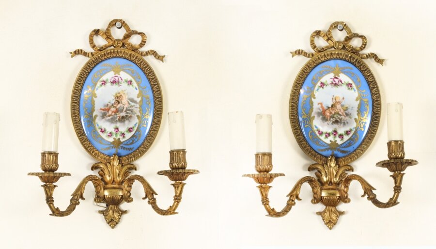 Antique Pair Ormolu & Sevres Porcelain Two Branch Wall Lights Sconces 19th C | Ref. no. a3735 | Regent Antiques