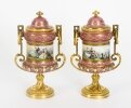 Antique Pair French Ormolu Mounted Pink Sevres Lidded Vases 19th C